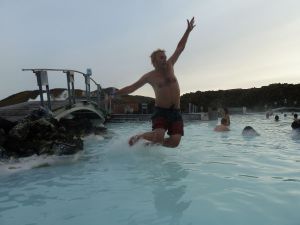 Reuben leaping into the lagoon