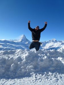 Jumping for joy in the mountains