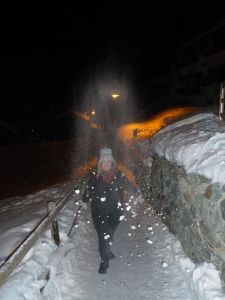 In the snow at night