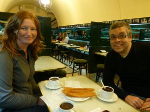 Sarah and Reubs with chocolate and churros