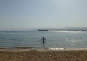 Reubs swimming with Israel in the background